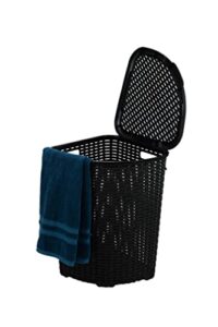 plastic corner laundry hamper with lid, curved designed laundry basket, triangle black cloths hamper organizer with cut-out handles for laundry room bedroom bathroom, wicker design, 50 liter