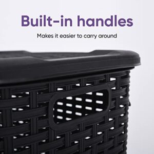 Plastic Corner Laundry Hamper with Lid, Curved Designed Laundry Basket, Triangle Black Cloths Hamper Organizer with Cut-out Handles for Laundry Room Bedroom Bathroom, Wicker Design, 50 Liter