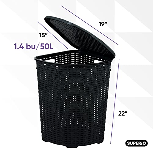 Plastic Corner Laundry Hamper with Lid, Curved Designed Laundry Basket, Triangle Black Cloths Hamper Organizer with Cut-out Handles for Laundry Room Bedroom Bathroom, Wicker Design, 50 Liter