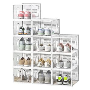 wolizom 12 pack shoe storage box, stackable shoe organizer boxes, clear plastic shoe organizer for closet, space saving foldable shoe holder sneaker containers bins