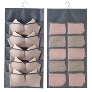 ST-BEST-P Bra and Underwear Hanging Storage Organizer Mesh Pockets Dual Sided Wall Shelves Space Saver Bag Sock Underpants Drawer Closet Clothes Rack (Gray:(5+10pockets))