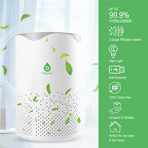 Pursonic USB Powered Air Purifier With Night Light For Home,Office, Car, 100SQ Coverage, Clean Air Wherever You Need, Cleans Second Hand Smoke, Haze, Odor, Pollen And More