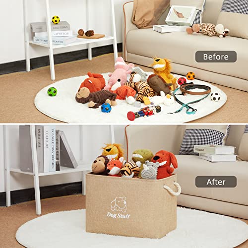 Echohana Dog Toy Bin Collapsible for Pet Toy Storage Basket for Dog Toys, Dog Toy box with Cotton Handle, Rectangular Storage Basket for Small Pet with Minimalist Patterns and Colorways (Medium-Brown)