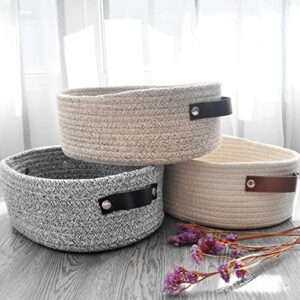 LAVAXI Small Woven Basket with Leather Handle,Oval Storage Basket for Organizing Toys, Keys, Books Coffee 9x 7 Inch