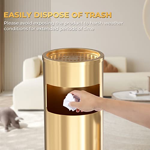 POWLAB Trash Can Outdoor Waste Container Round Stainless Steel Trash Can with Removable Inner Bucket for Disposal Commercial Waste Container 9.8 x 24-Gold Tone