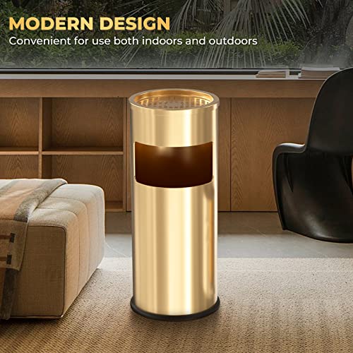 POWLAB Trash Can Outdoor Waste Container Round Stainless Steel Trash Can with Removable Inner Bucket for Disposal Commercial Waste Container 9.8 x 24-Gold Tone