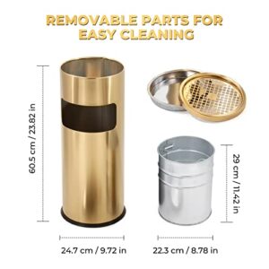 POWLAB Trash Can Outdoor Waste Container Round Stainless Steel Trash Can with Removable Inner Bucket for Disposal Commercial Waste Container 9.8 x 24-Gold Tone