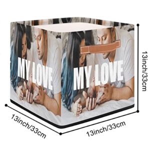 Personalized Storage Baskets Cubes With Photo or Text Custom Storage Bins 13 x 13 x 13 inch Bins Basket Boxes with PU Leather Handles Foldable Storage Cube for Clothes Bedroom Closet Shelves