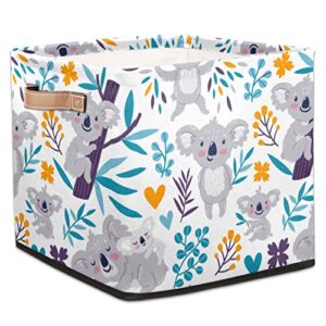 cute koala cube storage bins 13 x 13 x 13 inch, bears floral fabric organizer bins basket boxes with pu leather handles foldable storage cube for clothes bedroom closet shelves