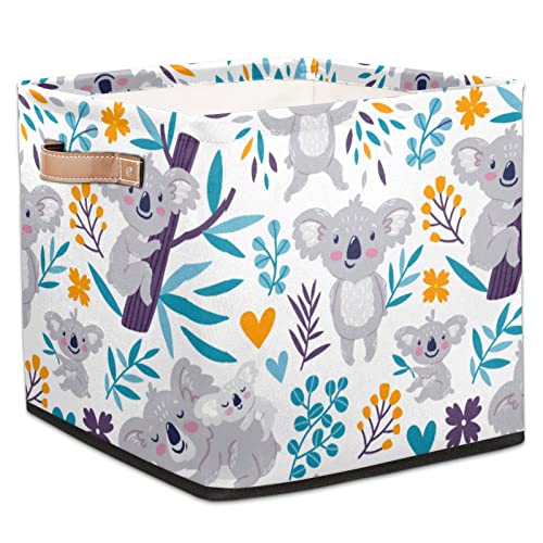 Cute Koala Cube Storage Bins 13 x 13 x 13 inch, Bears Floral Fabric Organizer Bins Basket Boxes with PU Leather Handles Foldable Storage Cube for Clothes Bedroom Closet Shelves