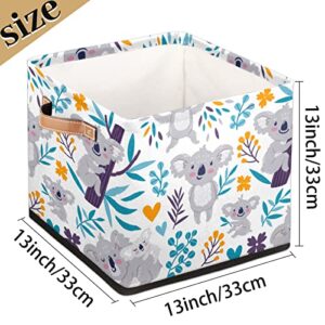 Cute Koala Cube Storage Bins 13 x 13 x 13 inch, Bears Floral Fabric Organizer Bins Basket Boxes with PU Leather Handles Foldable Storage Cube for Clothes Bedroom Closet Shelves