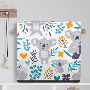 Cute Koala Cube Storage Bins 13 x 13 x 13 inch, Bears Floral Fabric Organizer Bins Basket Boxes with PU Leather Handles Foldable Storage Cube for Clothes Bedroom Closet Shelves