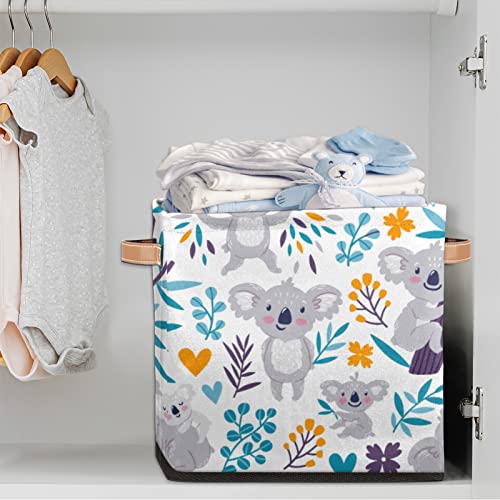 Cute Koala Cube Storage Bins 13 x 13 x 13 inch, Bears Floral Fabric Organizer Bins Basket Boxes with PU Leather Handles Foldable Storage Cube for Clothes Bedroom Closet Shelves