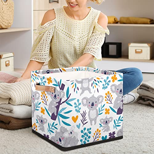 Cute Koala Cube Storage Bins 13 x 13 x 13 inch, Bears Floral Fabric Organizer Bins Basket Boxes with PU Leather Handles Foldable Storage Cube for Clothes Bedroom Closet Shelves