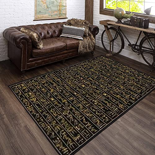 Modern 3D Home Area Rugs Ancient Golden Egyptian Hieroglyphs Alphabet Over Black Ancient Carpets Non-Slip Extra Size Yoga Mat Runner Rug for Living Room Bedroom Girls Playroom Home Decor