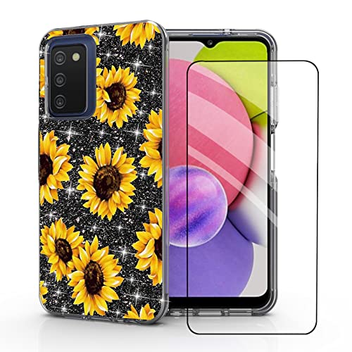 DDTKZC for Samsung A03s Case,Samsung A03s Phone Case, Tempered Glass Protector Lustre Pattern-Sparkle 3 in 1 Clear Shockproof Case for Samsung Galaxy A03s (Yellow Sunflower)