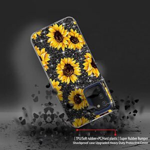 DDTKZC for Samsung A03s Case,Samsung A03s Phone Case, Tempered Glass Protector Lustre Pattern-Sparkle 3 in 1 Clear Shockproof Case for Samsung Galaxy A03s (Yellow Sunflower)