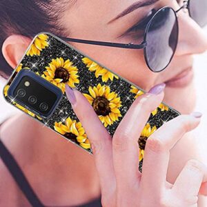 DDTKZC for Samsung A03s Case,Samsung A03s Phone Case, Tempered Glass Protector Lustre Pattern-Sparkle 3 in 1 Clear Shockproof Case for Samsung Galaxy A03s (Yellow Sunflower)