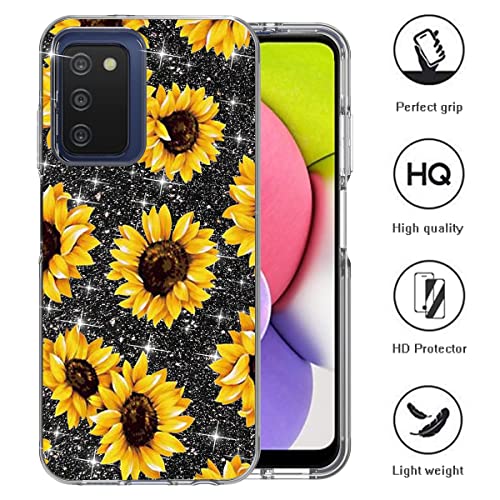 DDTKZC for Samsung A03s Case,Samsung A03s Phone Case, Tempered Glass Protector Lustre Pattern-Sparkle 3 in 1 Clear Shockproof Case for Samsung Galaxy A03s (Yellow Sunflower)