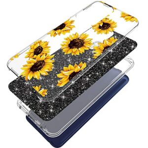 DDTKZC for Samsung A03s Case,Samsung A03s Phone Case, Tempered Glass Protector Lustre Pattern-Sparkle 3 in 1 Clear Shockproof Case for Samsung Galaxy A03s (Yellow Sunflower)