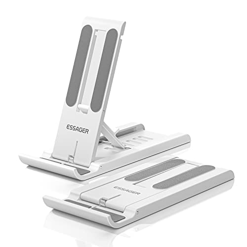 ESSAGER 2 Pack Cell Phone Stand, Adjustable Foldable Mini Mobile Phone Holder for Desk Compatible with iPhone/Kindles/Smartphones (White)