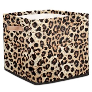 leopard wlidlife print striped cube storage bins 13 x 13 x 13 inch, leopard animals print fabric organizer bins basket boxes with pu leather handles foldable storage cube for clothes bedroom closet shelves
