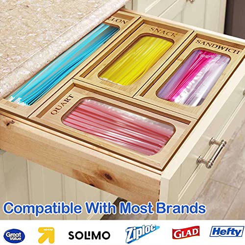 Bamboo Ziplock Bag Storage Organizer for Kitchen Drawer, Plastic Food Bags Organizer Removable Front, Compatible with Ziploc, Solimo, Hefty Baggie Dispenser Holder for Gallon,Quart,Sandwich Slider Bag