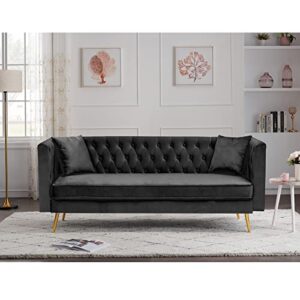 ouyessir velvet couch with two pillows and gold metal feet, modern sofa for living room and bedroom, 77 inches, black