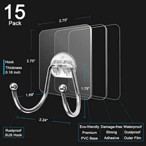 CenterZ 15 Pack Large Double Adhesive Wall Hooks, Damage-Free Waterproof 33 Ib Max Heavy Duty Hanging Clear Seamless Sticky Utility Hooks, Towel Coats Hats Clothes Nail Free Hangers (Twin Round Head)