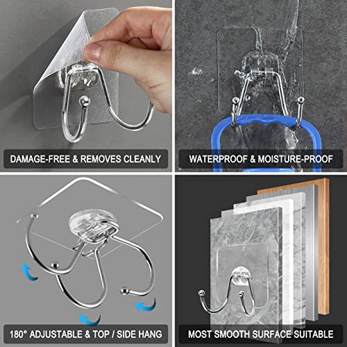 CenterZ 15 Pack Large Double Adhesive Wall Hooks, Damage-Free Waterproof 33 Ib Max Heavy Duty Hanging Clear Seamless Sticky Utility Hooks, Towel Coats Hats Clothes Nail Free Hangers (Twin Round Head)