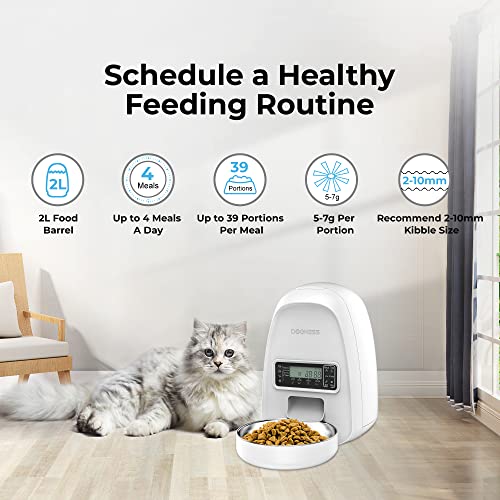 DOGNESS Automatic Cat Feeders, Smart Feeder for Cats, Timed Cat Feeder with Desiccant Bag for Pet Dry Food, Programmable Portion Control 1-4 Meals per Day & 10s Voice Recorder for Cats Dogs 2L, White