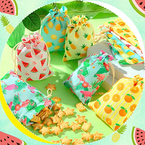 20 Pcs Luau Gift Bags with Drawstring Hawaiian Party Favor Bags Summer Fruit Canvas Bags Pineapple Candy Treat Bags Small Jewelry Pouches for Luau Party Birthday Wedding Supplies (4 x 6 Inch)