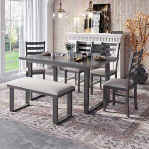 merax 6 piece kitchen dining room set with one rectangle table,4 padded chairs and padded bench wood rustic dining set of 6 family furniture set for 6 to 8 persons, smoky gray