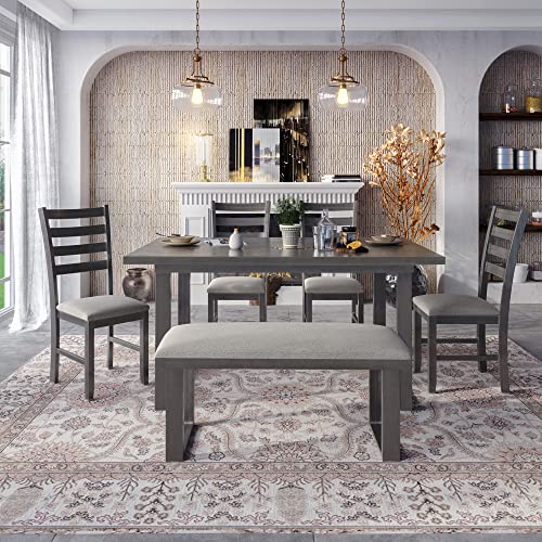 Merax 6 Piece Kitchen Dining Room Set with One Rectangle Table,4 Padded Chairs and Padded Bench Wood Rustic Dining Set of 6 Family Furniture Set for 6 to 8 Persons, Smoky Gray