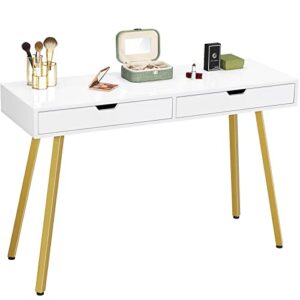 greenforest vanity desk with glossy desktop, 39 inch makeup desk with 2 drawers dressing table for girls women bedroom modern white writing computer laptop desk for home office, gold