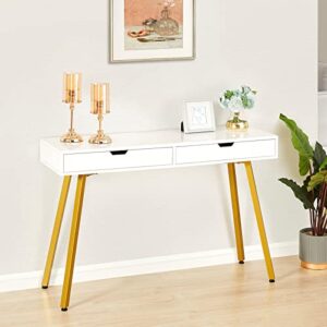 GreenForest Vanity Desk with Glossy Desktop, 39 inch Makeup Desk with 2 Drawers Dressing Table for Girls Women Bedroom Modern White Writing Computer Laptop Desk for Home Office, Gold