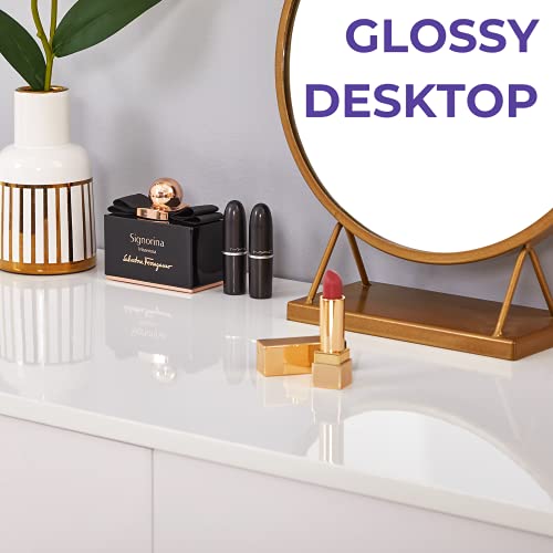 GreenForest Vanity Desk with Glossy Desktop, 39 inch Makeup Desk with 2 Drawers Dressing Table for Girls Women Bedroom Modern White Writing Computer Laptop Desk for Home Office, Gold