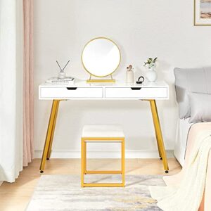 GreenForest Vanity Desk with Glossy Desktop, 39 inch Makeup Desk with 2 Drawers Dressing Table for Girls Women Bedroom Modern White Writing Computer Laptop Desk for Home Office, Gold