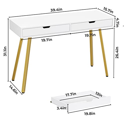 GreenForest Vanity Desk with Glossy Desktop, 39 inch Makeup Desk with 2 Drawers Dressing Table for Girls Women Bedroom Modern White Writing Computer Laptop Desk for Home Office, Gold