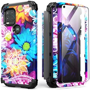idweel moto g stylus 5g case with screen protector(tempered glass), 3 in 1 shockproof slim hybrid heavy duty protection hard pc cover soft silicone bumper full body floral case for women,flower