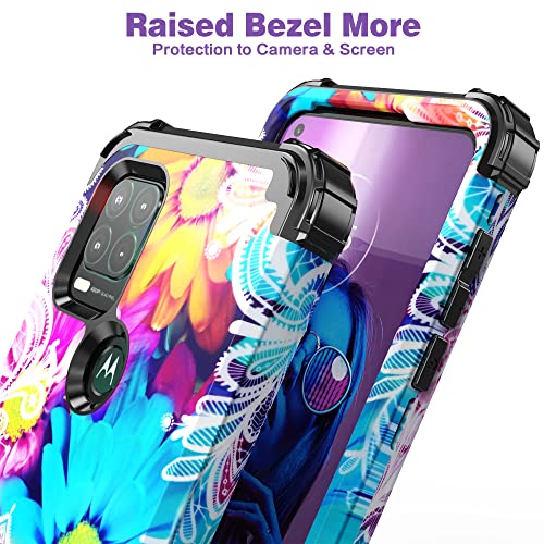 IDweel Moto G Stylus 5G Case with Screen Protector(Tempered Glass), 3 in 1 Shockproof Slim Hybrid Heavy Duty Protection Hard PC Cover Soft Silicone Bumper Full Body Floral Case for Women,Flower