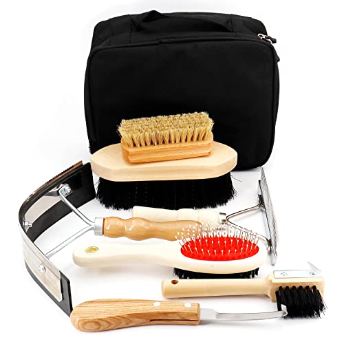 Surfante Horse Grooming Kit with Tote 8Pcs,Horse Cleaning Tool Set,Horse Brushes Set,Horse Sweat Scraper,Mane Comb with Storage Bag