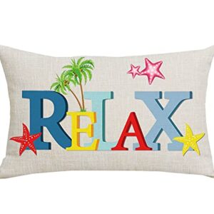 WENIANRU Blue Yellow Red Word Art Relax Starfish Summer Home Sofa Chair Bed Decoration Lumbar Pillowcase Cotton Linen Decorative Throw Pillow Cover Case Rectangular 12 x 20 Inches