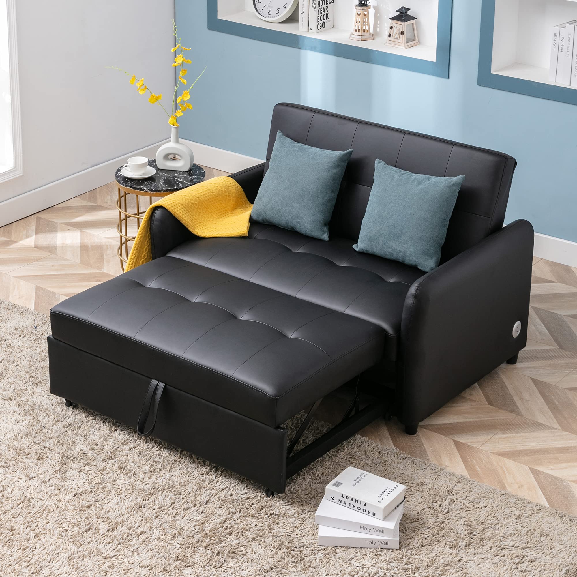 P PURLOVE Modern PU Sleeper Sofa Bed, Pull Out Sleeper Sofa Bed with Pulley, Oversized Armchair with Adjustable backrest, Convertible Sleeper Sofa Bed with Dual USB Ports, Black