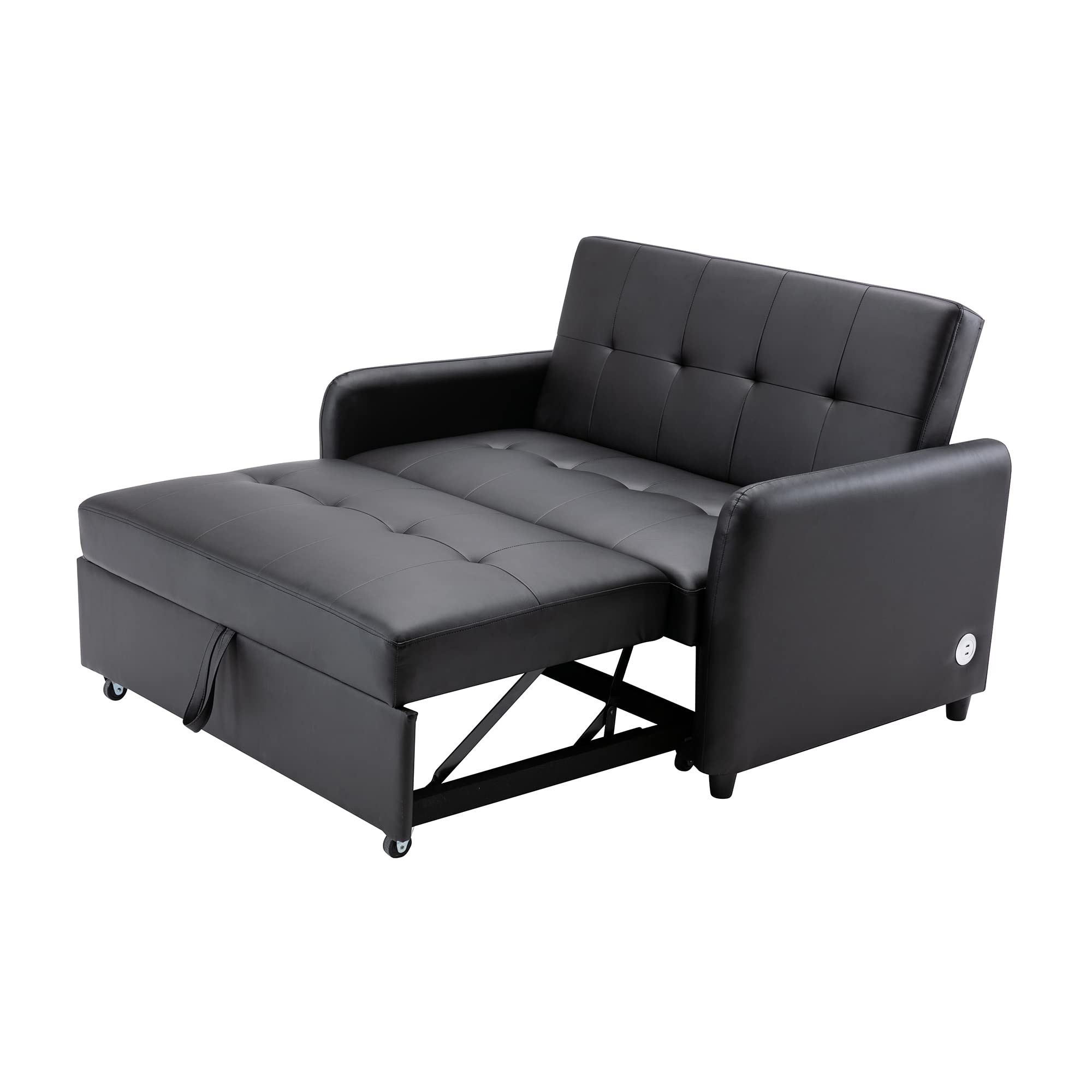 P PURLOVE Modern PU Sleeper Sofa Bed, Pull Out Sleeper Sofa Bed with Pulley, Oversized Armchair with Adjustable backrest, Convertible Sleeper Sofa Bed with Dual USB Ports, Black