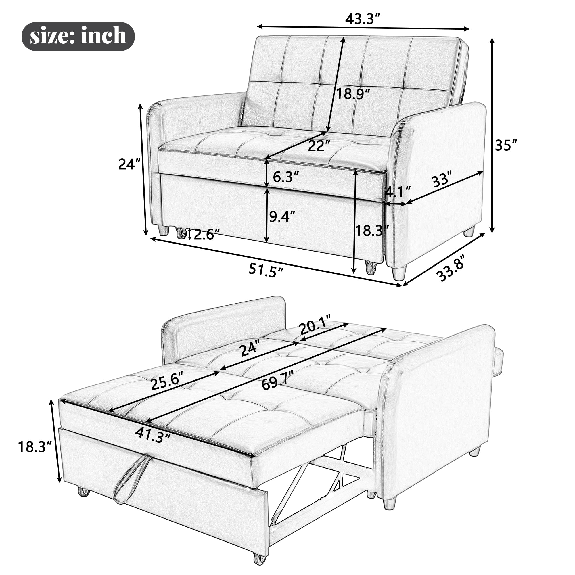 P PURLOVE Modern PU Sleeper Sofa Bed, Pull Out Sleeper Sofa Bed with Pulley, Oversized Armchair with Adjustable backrest, Convertible Sleeper Sofa Bed with Dual USB Ports, Black