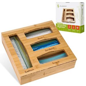 planksy ziplock bag organizer - durable bamboo bag storage organizer with 4 compartments - wall mount bamboo kitchen organizer for snack/gallon/sandwich/quart plastic bags - 12 x 12 x 3 inch