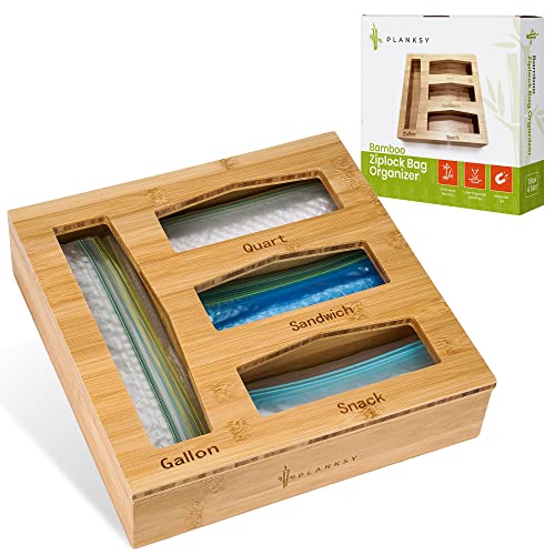 Planksy Ziplock Bag Organizer - Durable Bamboo Bag Storage Organizer with 4 Compartments - Wall Mount Bamboo Kitchen Organizer for Snack/Gallon/Sandwich/Quart Plastic Bags - 12 x 12 x 3 inch