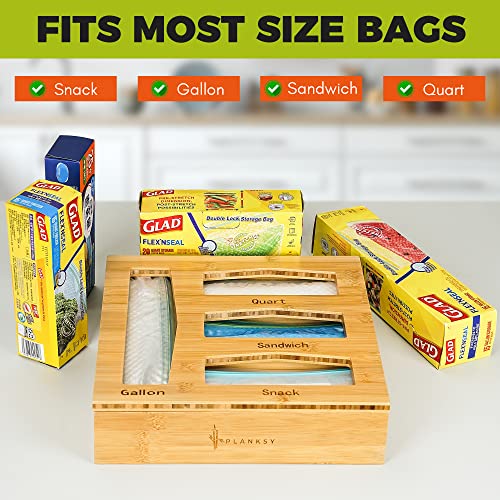 Planksy Ziplock Bag Organizer - Durable Bamboo Bag Storage Organizer with 4 Compartments - Wall Mount Bamboo Kitchen Organizer for Snack/Gallon/Sandwich/Quart Plastic Bags - 12 x 12 x 3 inch