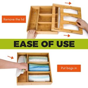 Planksy Ziplock Bag Organizer - Durable Bamboo Bag Storage Organizer with 4 Compartments - Wall Mount Bamboo Kitchen Organizer for Snack/Gallon/Sandwich/Quart Plastic Bags - 12 x 12 x 3 inch